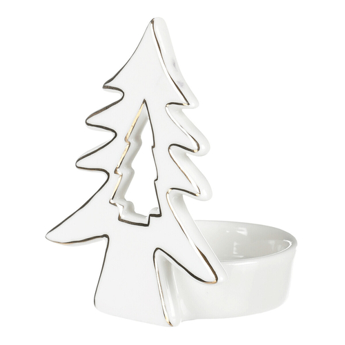Svícen na kónickou svíčku - porcelán, se stromečkem, bílý