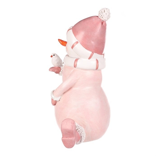 Sněhulák - polyresiová figurka, sedící, růžový obleček a čepka