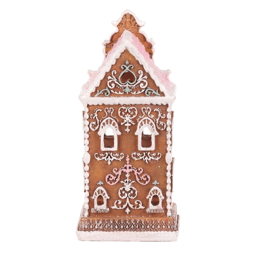 Domeček perníkový - polyresin, LED osvětl., hnědý s barevným zdobením