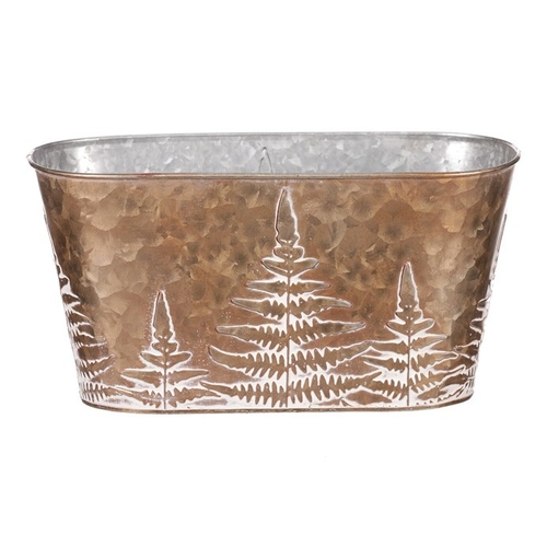 Truhlík z kovu na květiny, v  měděné barvě s kapradím.