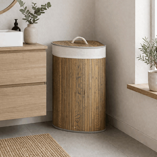 Koš prádelní - bambusový, rohový s víkem, tmavě šedý