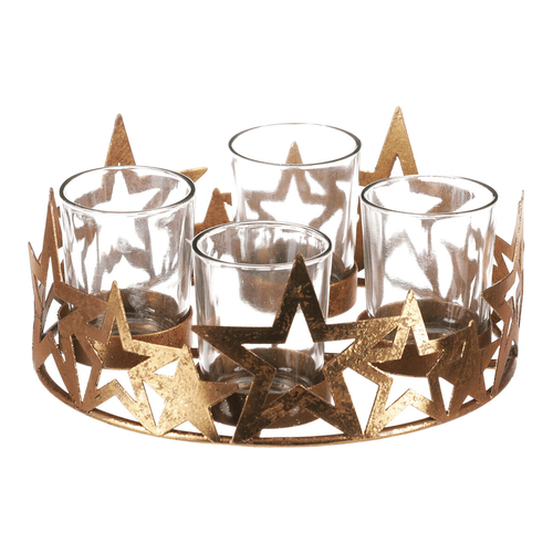 Svícen adventní se sklíčky - kovový, zlaté hvězdy