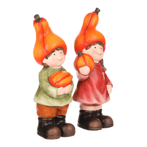 Dívka a chlapec - figurky z terakoty, klobouk z dýně, cena za 1 ks