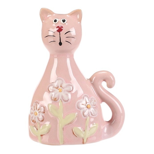 Kočka - keramická figurka, dekor květin, vel. S, růžová