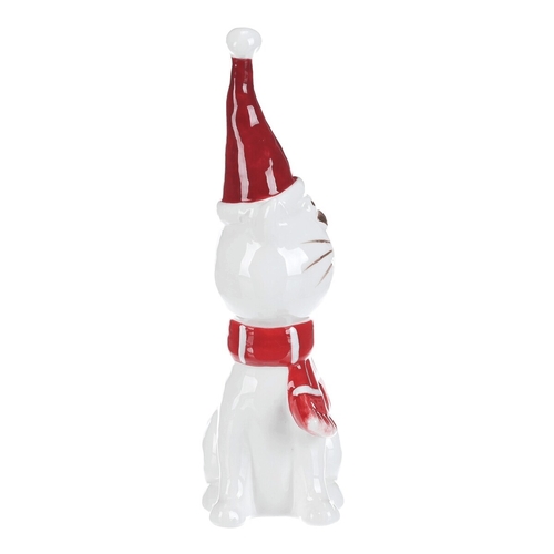 Kočka se šálou - keramická figurka, vel. L, červeno-bílý