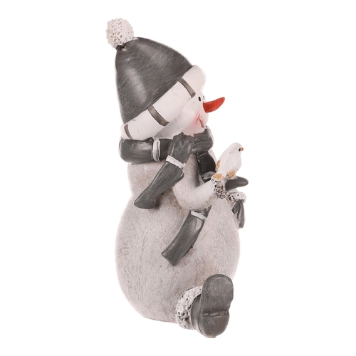 Sněhulák - polyresiová figurka, sedící, šedý obleček a čepka
