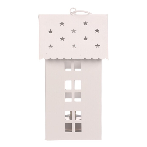 Lucerna mini - kovová, LED svíčka, patrový domek, bílá