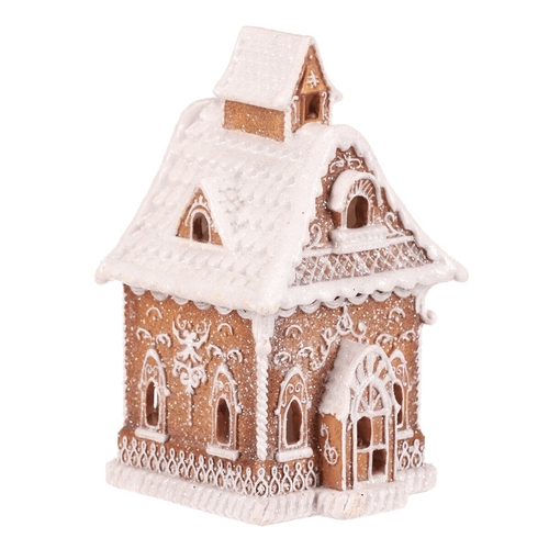Domeček perníkový - polyresin, LED osvětl., hnědý s bílým zdobením