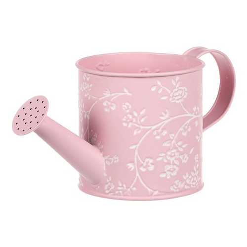 Obal kovový - konev, v růžové barvě s bílými růžemi