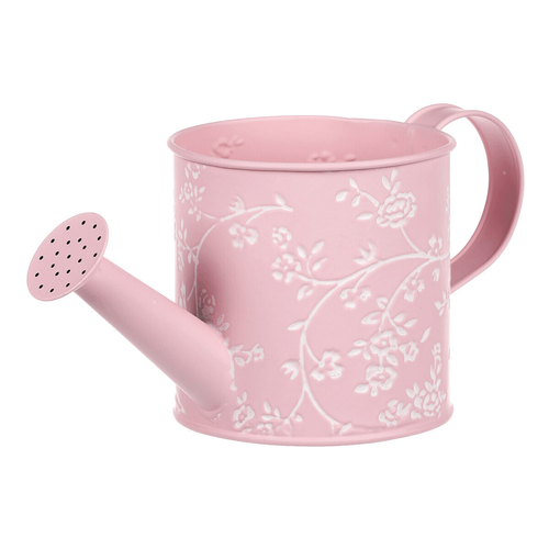 Obal kovový - konev, v růžové barvě s bílými růžemi