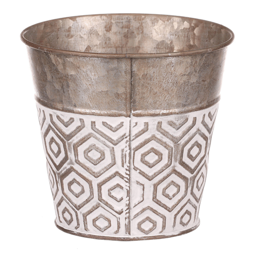 Obal kovový - kulatý, vysoký, s ornamenty, bílo-měděný