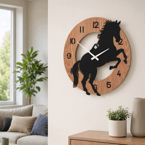 Hodiny nástěnné - pr. 40 cm, MDF a kov, motiv koně na zadních