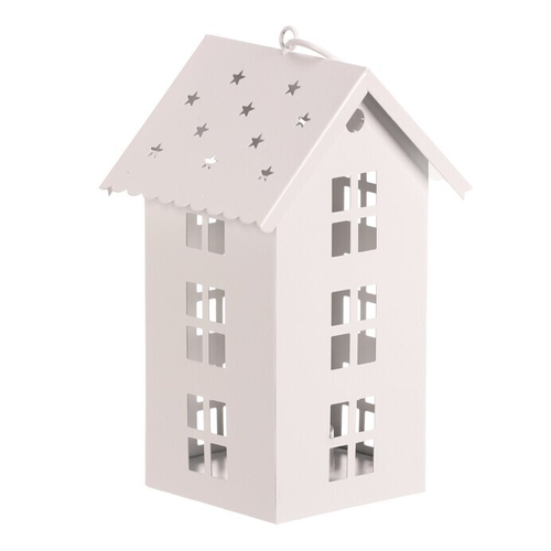 Lucerna mini - kovová, LED svíčka, patrový domek, bílá
