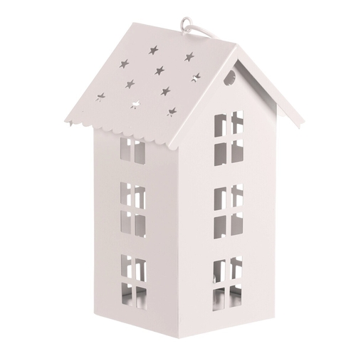 Lucerna mini - kovová, LED svíčka, patrový domek, bílá
