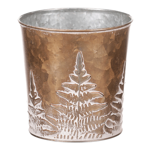 Obal z kovu na květiny, v  měděné barvě s kapradím.