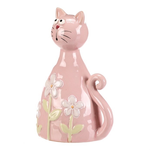 Kočka - keramická figurka, dekor květin, vel. L, růžová