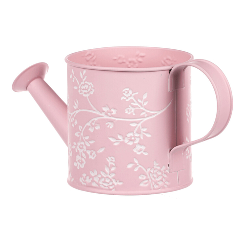 Obal kovový - konev, v růžové barvě s bílými růžemi