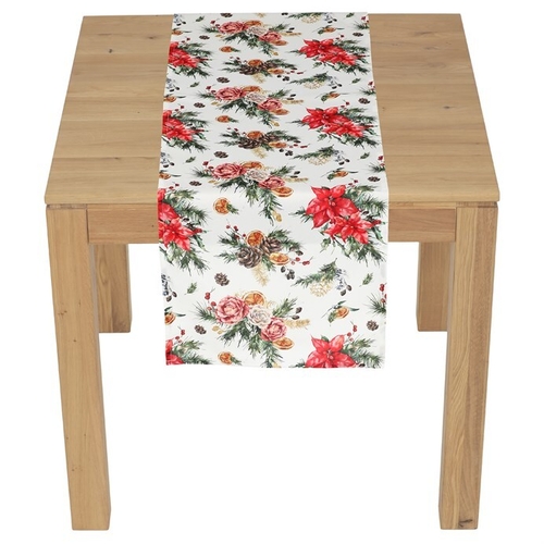 Běhoun - vánoční květy a jehličí, 100% polyester, 40 x 150 cm