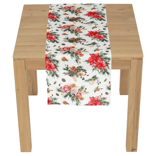 Běhoun - vánoční květy a jehličí, 100% polyester, 40 x 150 cm