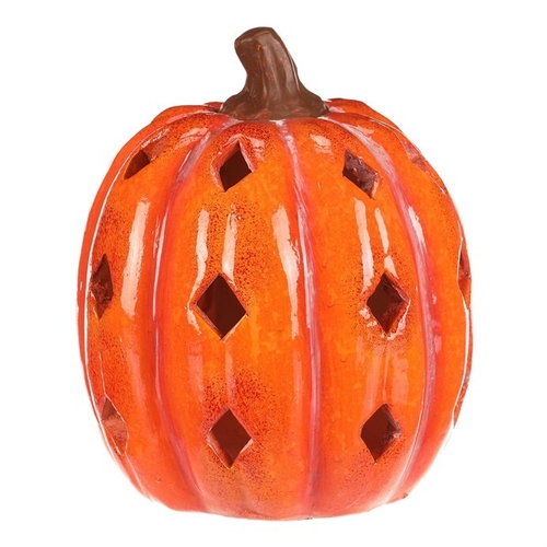 Dýně s otvory - keramika, LED osvětlení, oranžová