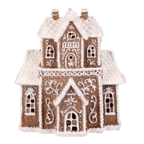 Domeček perníkový - polyresin, LED osvětl., hnědý s bílým zdobením