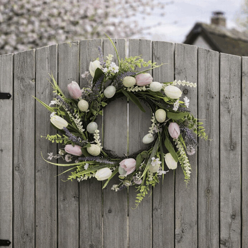 Věnec umělý - pr. 45 cm, zeleň, barevná vajíčka a květy