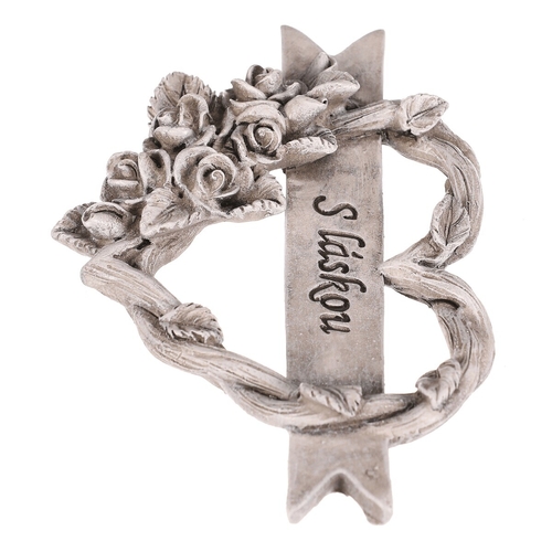 Srdce s růžemi a stuhou - pietní, polyresin, šedá