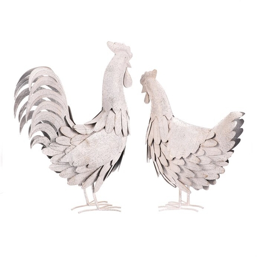 Slepice a kohout - kov s patinou, barva bílá, cena za 1 ks