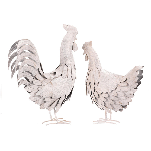 Slepice a kohout - kov s patinou, barva bílá, cena za 1 ks