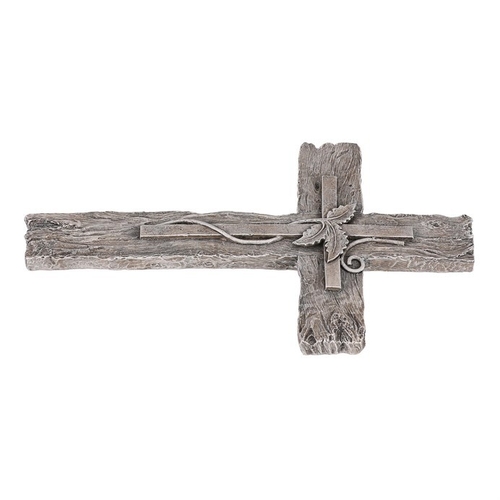 Kříž s lístky, imitace dřeva - polyresin, šedý