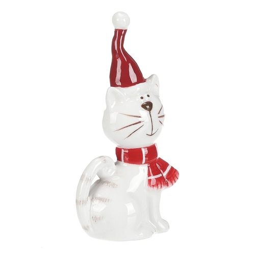 Kočka se šálou - keramická figurka, vel. S, červeno-bílý