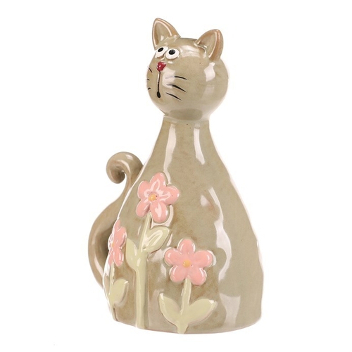 Kočka - keramická figurka, dekor květin, vel. M, zelená