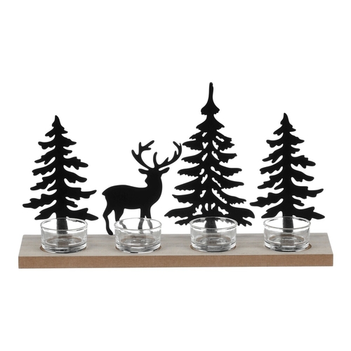 Svícen se sklíčky - adventní, kov a MDF, černé stromky a jelen