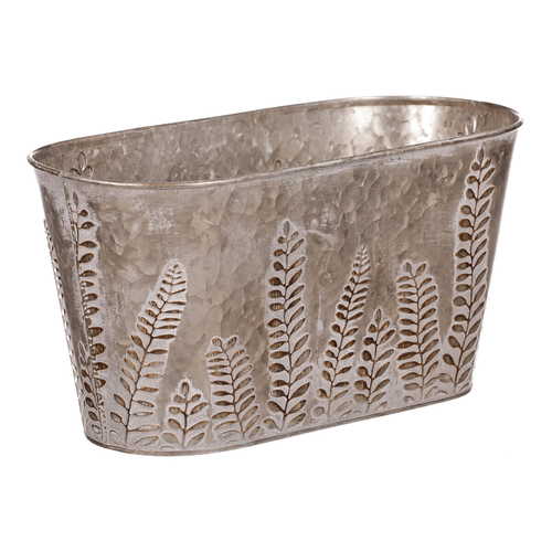 Truhlík z kovu na květiny, v tmavě krémové barvě s kapradím