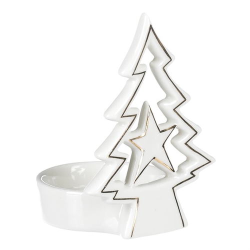 Svícen na kónickou svíčku - porcelán, stromek a hvězda, bílý