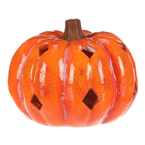 Dýně s otvory - keramika, LED osvětlení, oranžová