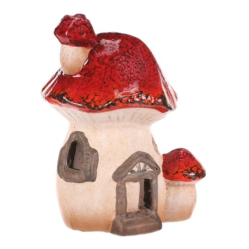 Domeček keramický - houba, s LED osvětlením, červená stříška