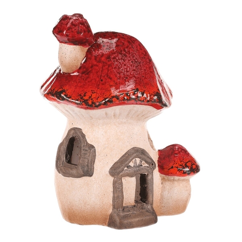 Domeček keramický - houba, s LED osvětlením, červená stříška