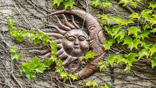 Slunce s měsícem - kov, nástěnná dekorace, barva měděná