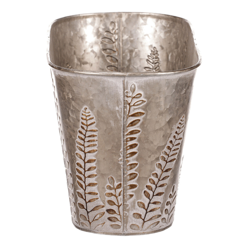 Truhlík z kovu na květiny, v tmavě krémové barvě s kapradím