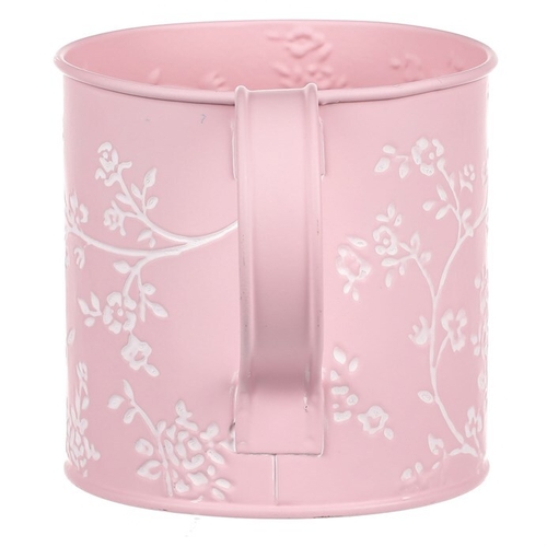 Obal kovový - konev, v růžové barvě s bílými růžemi