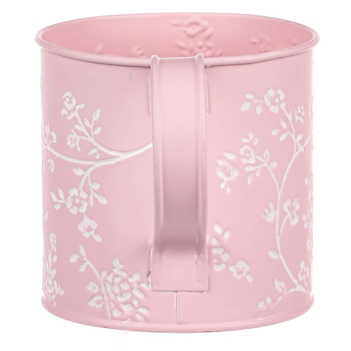 Obal kovový - konev, v růžové barvě s bílými růžemi