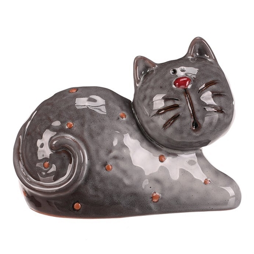 Kočka - keramická figurka, ležící, vel. M, šedá