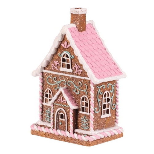 Domeček perníkový - polyresin, LED osvětl., hnědý s barevným zdobením