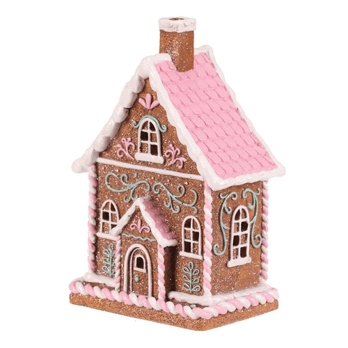 Domeček perníkový - polyresin, LED osvětl., hnědý s barevným zdobením