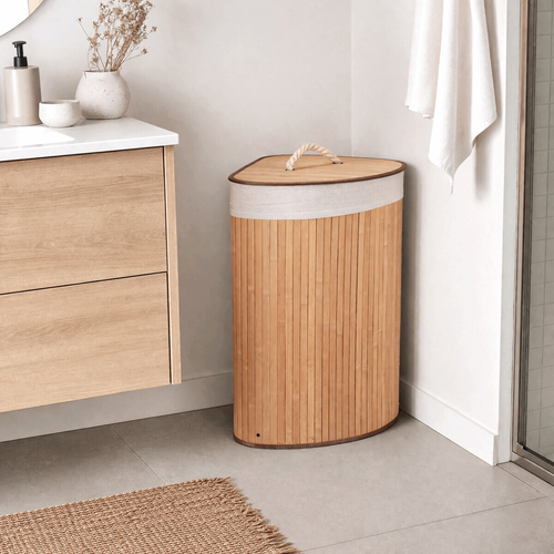 Koš prádelní - bambusový, rohový s víkem, přírodní