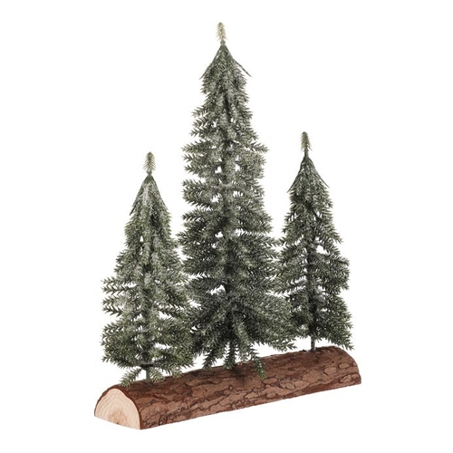 Smrk na špalku - trojice, mini, 34 cm, zelená, ojíněná