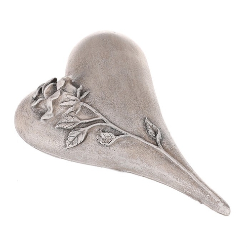 Srdce zaoblené s růží - polyresin, šedé