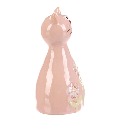 Kočka - keramická figurka, dekor květin, vel. S, růžová
