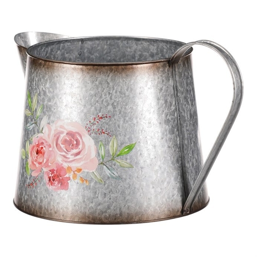 Kovový obal na květiny, tvar konve. Design s růžemi.